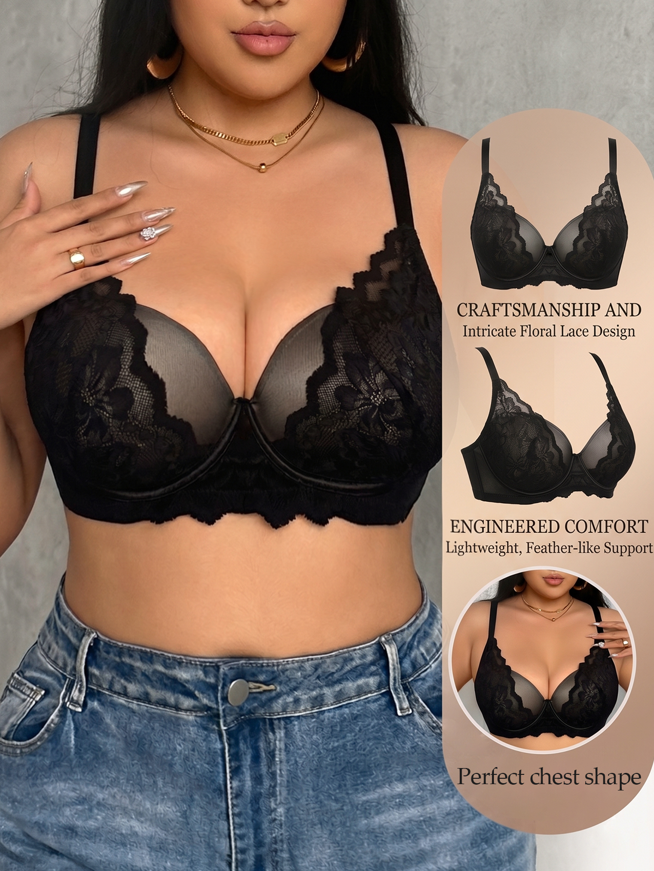 Plunge Bra Push Up - Wide Strap Plus Size Women Bra