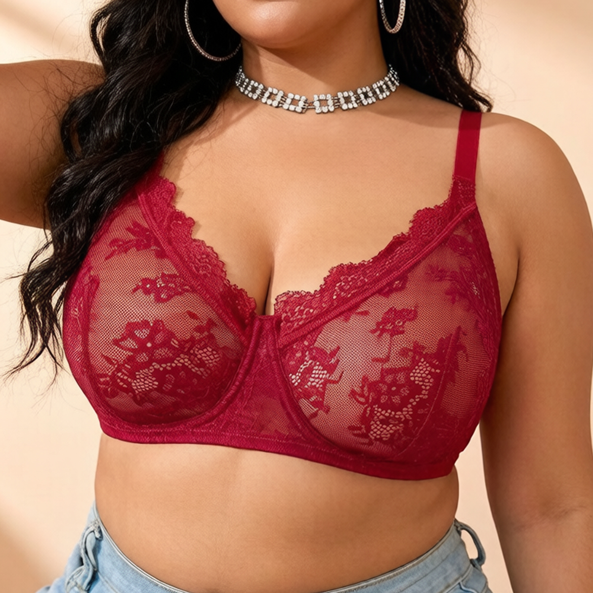 Women Plus Size Red Lace Sheer - Sheer Mesh Bra incelemesi ve fiyatı