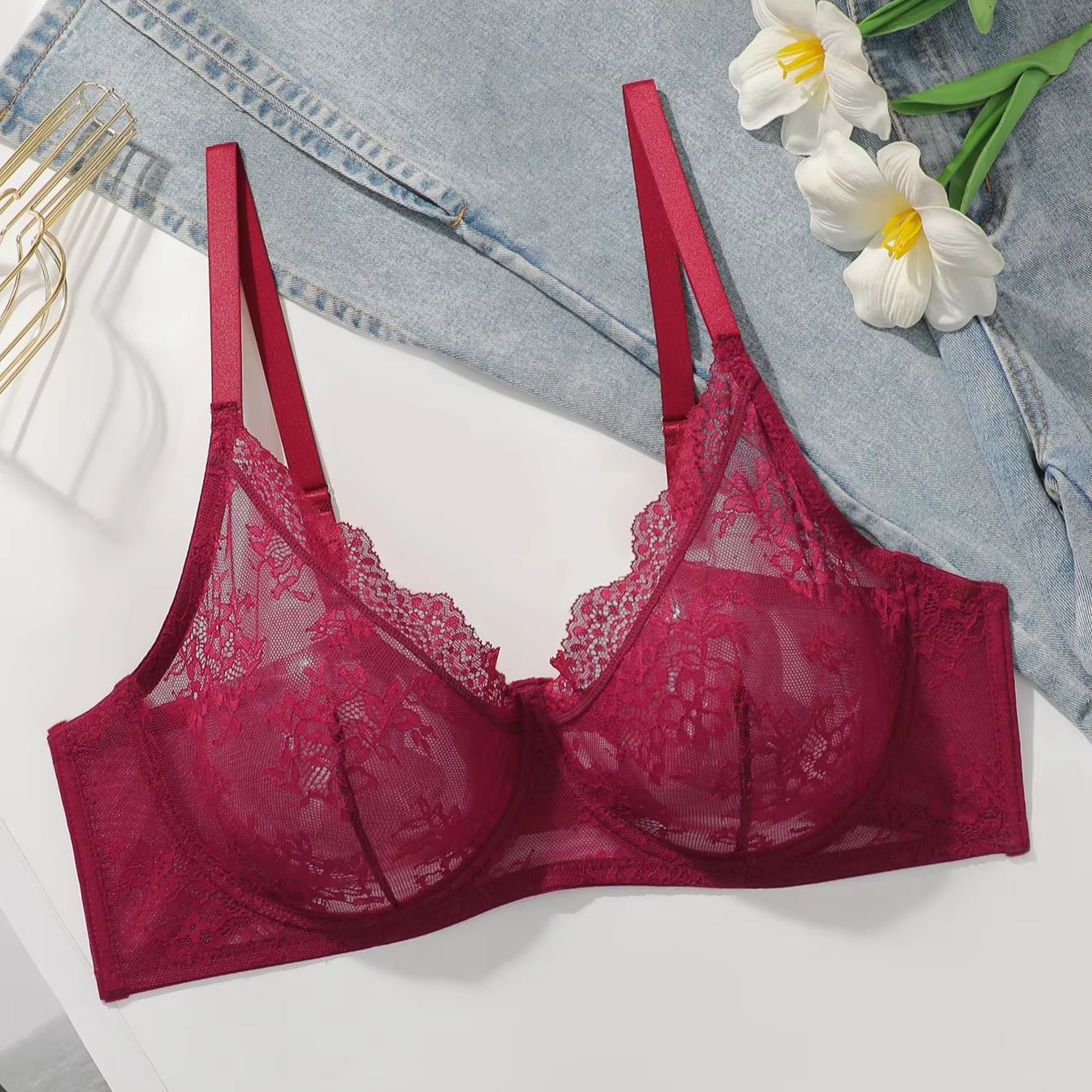 Women Plus Size Red Lace Sheer - Sheer Mesh Bra incelemesi ve fiyatı